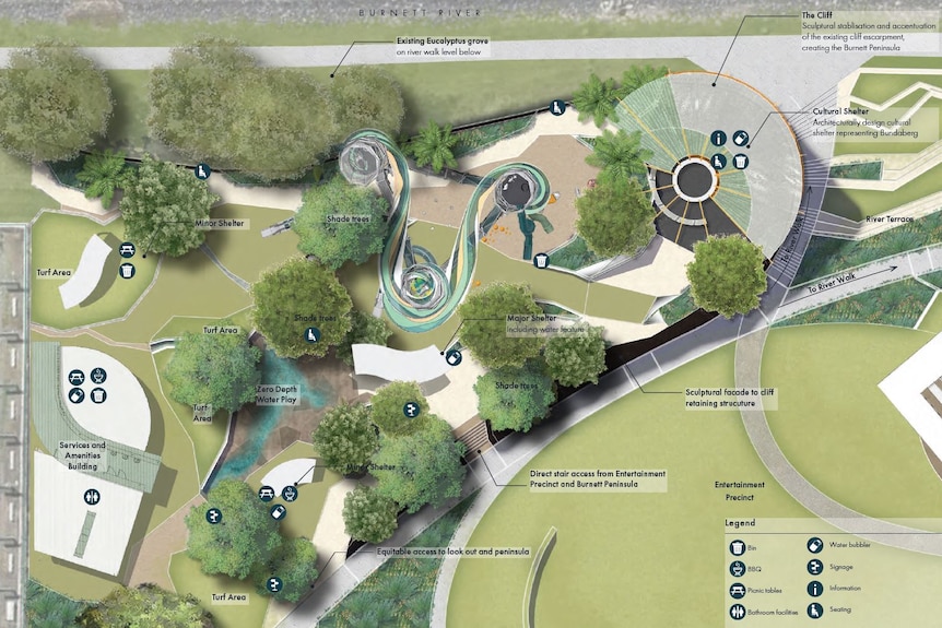 Drawings of new Anzac Park development showing park and trees, and open ampitheatre.  