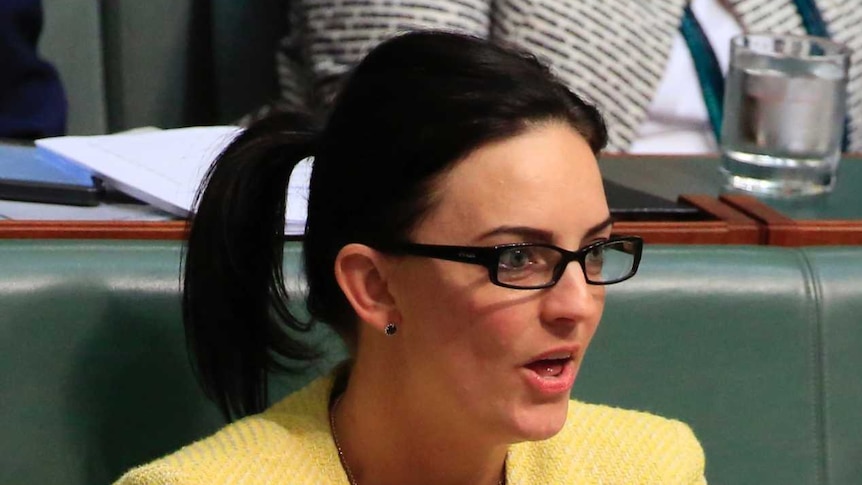Emma Husar wears a pale yellow jacket with a blue shirt while sitting in question time, gesturing with both hands open.