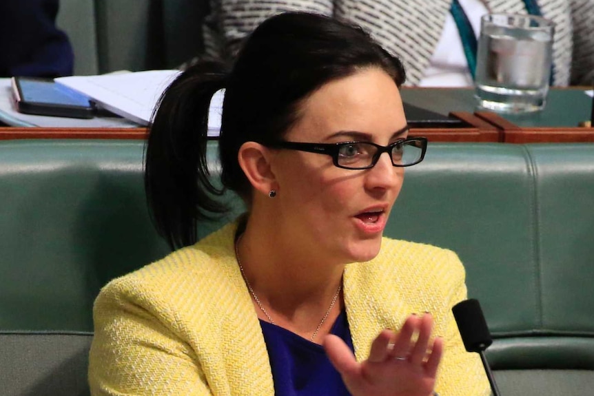 Emma Husar wears a pale yellow jacket with a blue shirt while sitting in question time, gesturing with both hands open.