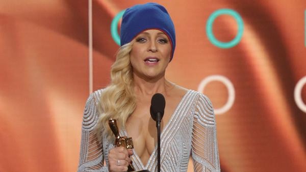Host of Channel Ten's The Project, Carrie Bickmore, accepting the 2015 Gold Logie trophy.