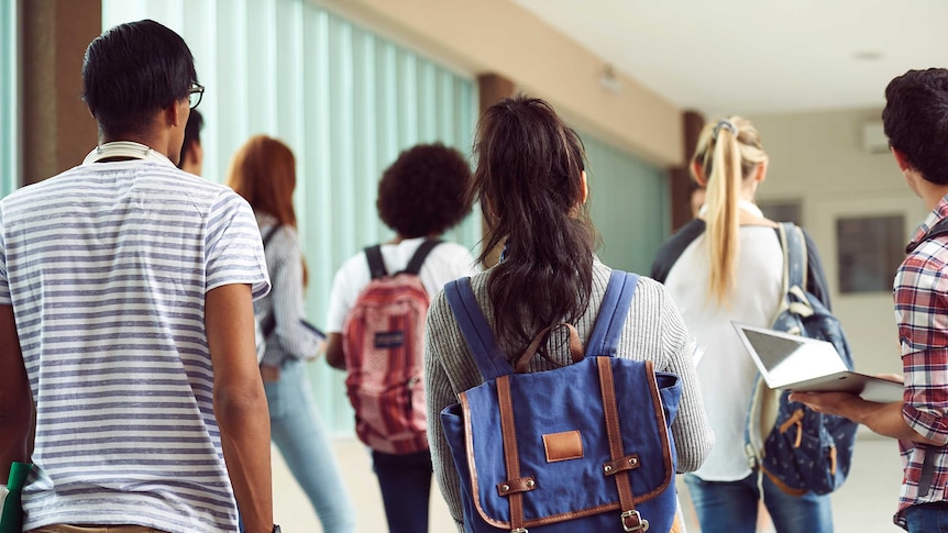 A rear view of a group of young people wearing casual clothes, with backpacks, school books or laptops, in a hallway.