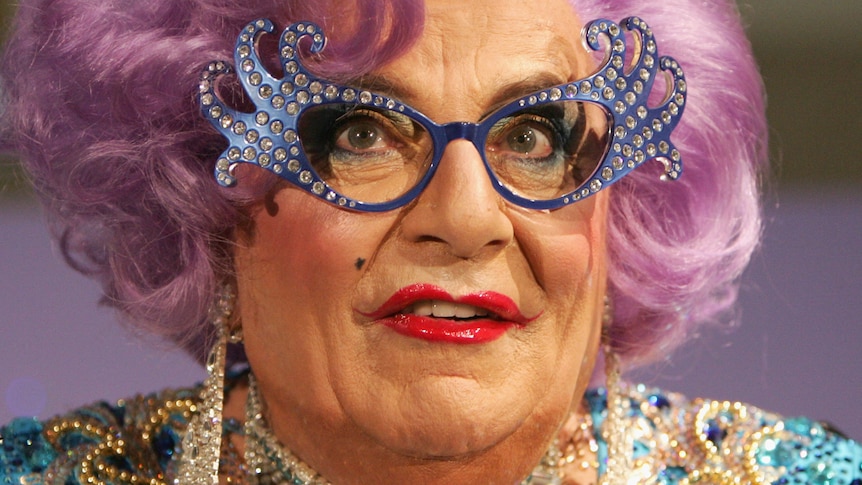 A close-up photograph of Barry Humphries in character as his drag persona, Dame Edna.