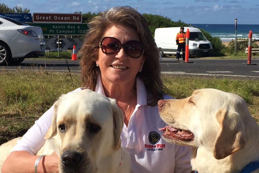 Susan Diffey and her dogs near Apollo Bay