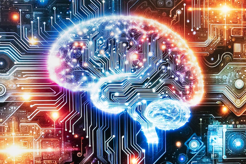 A colourful illustrations shows the neon paths of computer circuits arranged to resemble an illuminated human brain.