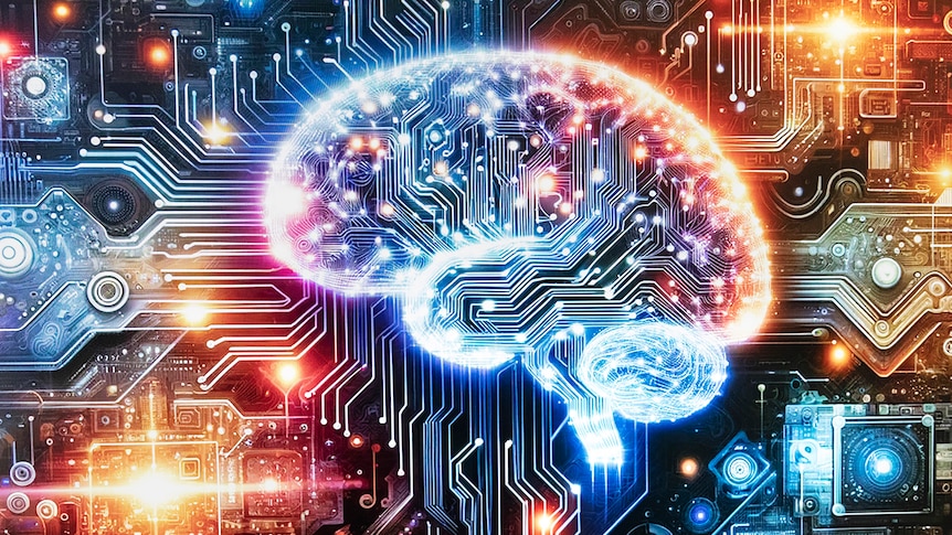 A colourful illustrations shows the neon paths of computer circuits arranged to resemble an illuminated human brain.