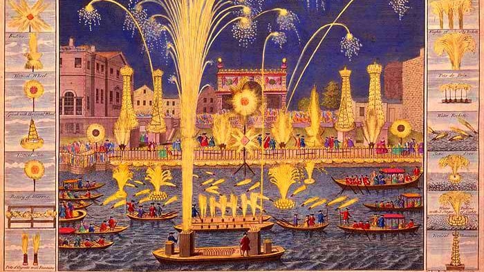 Illustration of the royal fireworks in 1749.