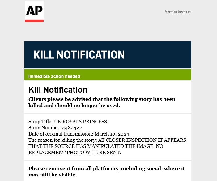 A screen shot of an email shows the AP branding and the kill notification details 