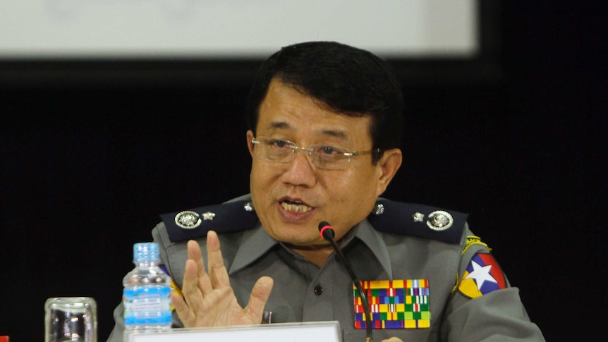 Chief of Myanmar Police Force Zaw Win talks during a press conference in Naypyitaw, Myanmar Sunday, Oct. 9, 2016.