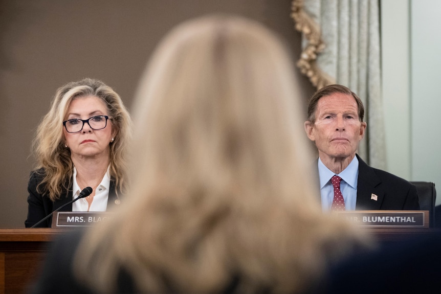 The back of Frances Haugen's head as she testifies in front of senators Marsha Blackburn and Richard Blumenthal. 