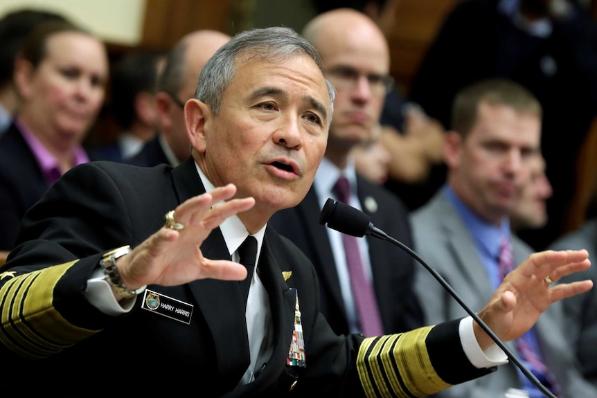 Admiral Harry Harris testifies before a House Armed Services Committee hearing.