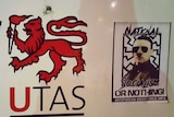 Composite image of UTAS signage with Nazi stickers and an image of Antipodean Resistance members.