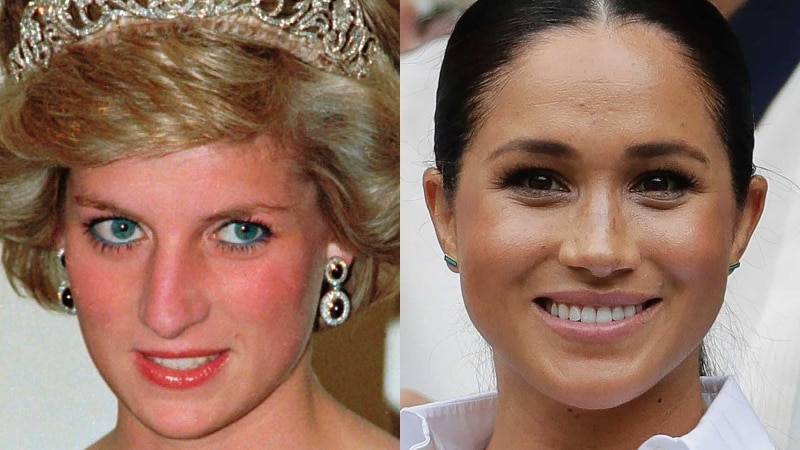 A composite image of Princess Diana in a tiara and Meghan Markle smiling