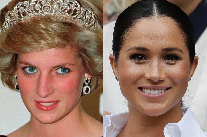 A composite image of Princess Diana in a tiara and Meghan Markle smiling