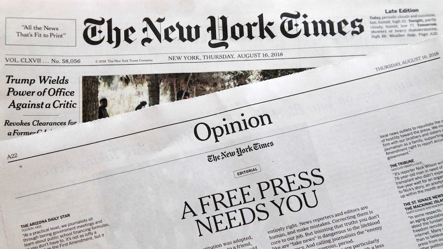 A New York Times newspaper front page and an editorial titled "A free press needs you".