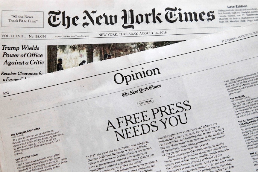 A New York Times newspaper front page and an editorial titled "A free press needs you".