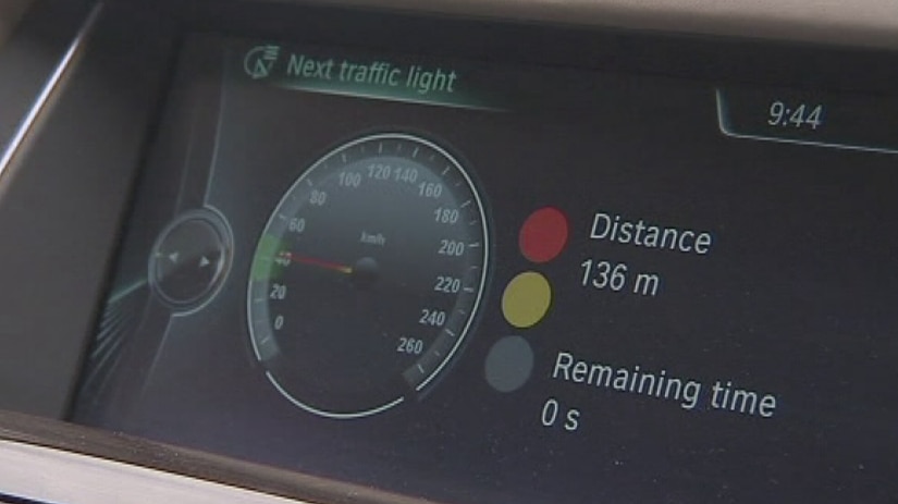 The dashboard display on the BMW prototype showing the distance to the next lights.