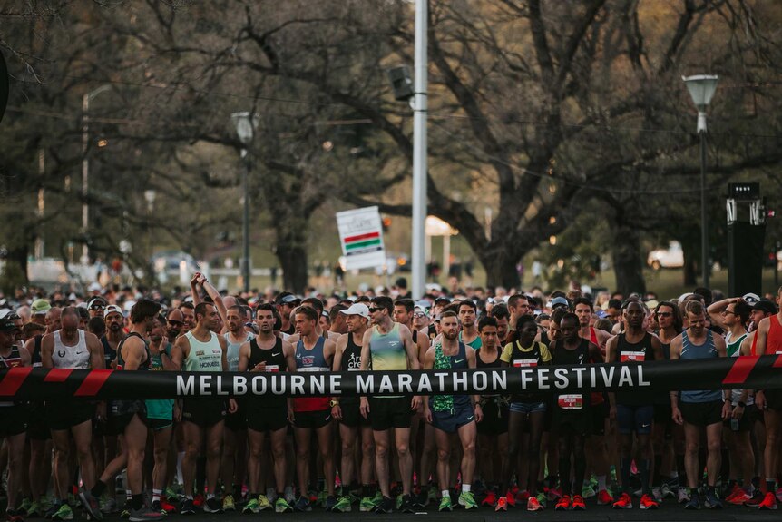 A packed group of runners stand in front of starting ribbon for mass race on leafy city street.