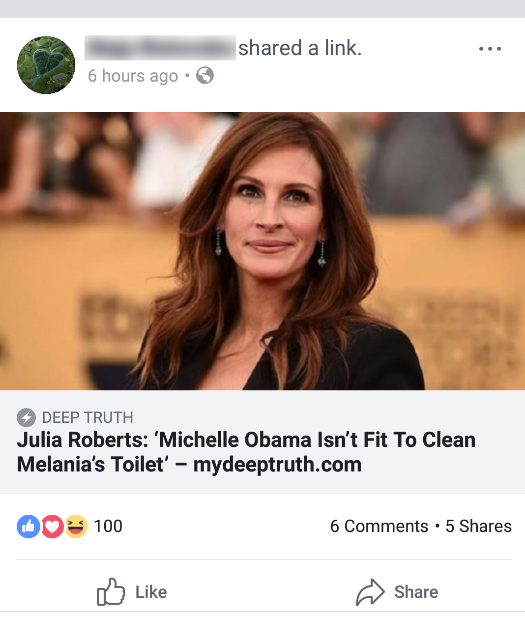 A Facebook post showing a picture of Julia Roberts.