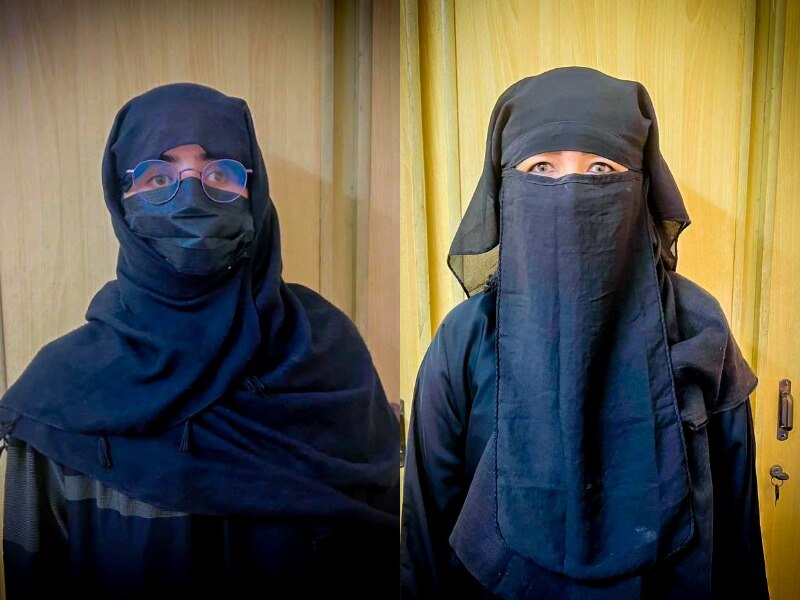 A composite image of two women in black face veils