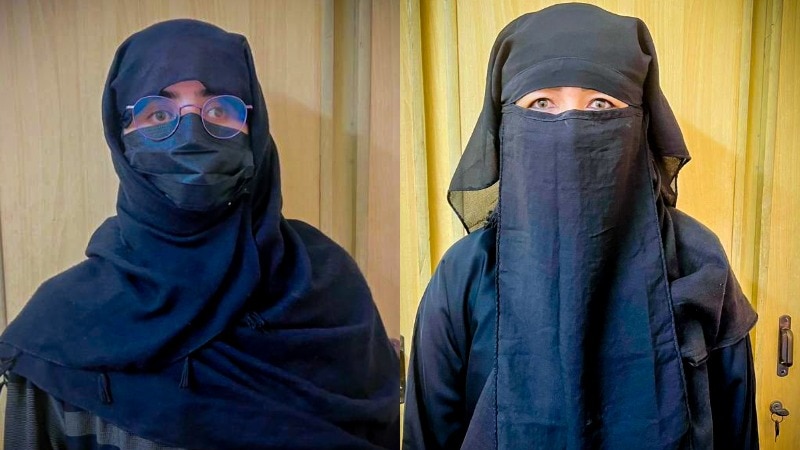 A composite image of two women in black face veils