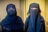 A composite image of two women in black face veils