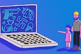Illustration of father and his daughter looking at a large laptop with gun, dog, ice cream and swastika logos to depict trolls.