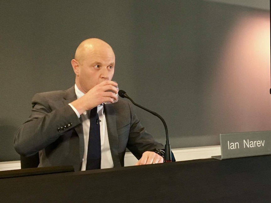 CBA CEO Ian Narev sips a glass of water at results presentation in Sydney, August 9 2017