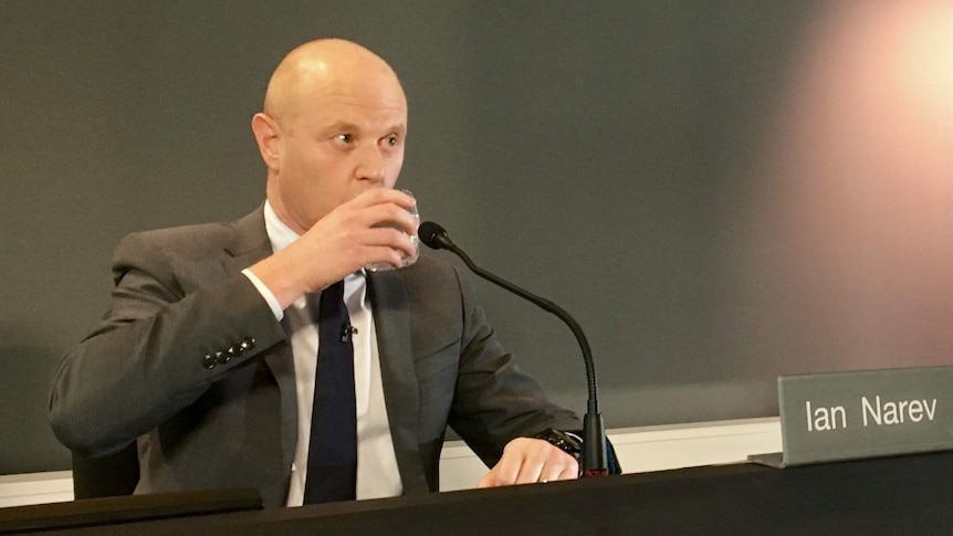 CBA CEO Ian Narev sips a glass of water at results presentation in Sydney, August 9 2017