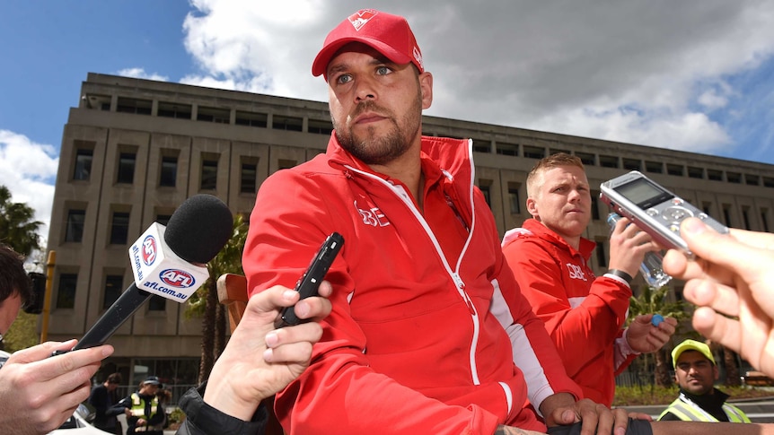 No support ... Lance Franklin speaks to the media during the AFL grand final parade in Melbourne