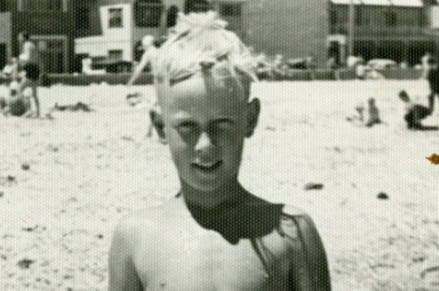 Black and white photo of Adams at beach.