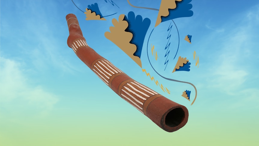 A brown didgeridoo sits over a blue to green gradient background with stylised mustard and blue fan motifs.