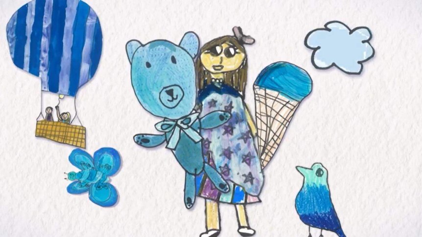 Animated image of a child wearing blue with a blue hot air balloon, blue bird, blue butterfly and blue cloud.