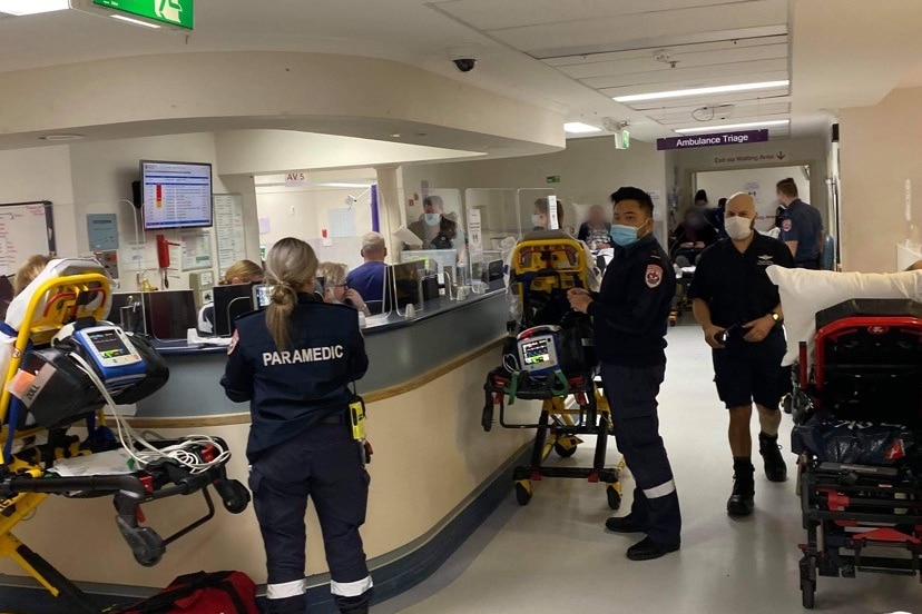 Paramedics and patients inside a hospital.