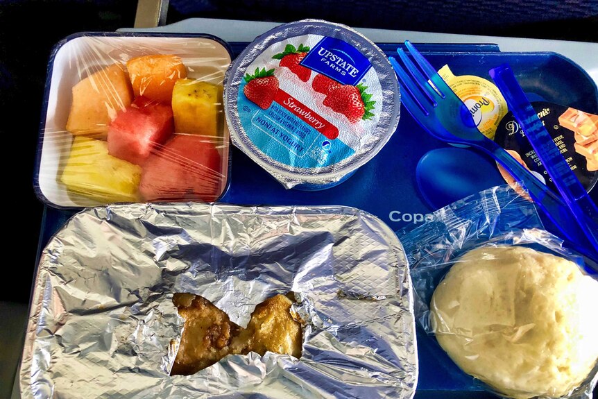 Tray of airplane food including yogurt tub, fruit and a foil-covered dish to depict travellers' tips for having a better flight.