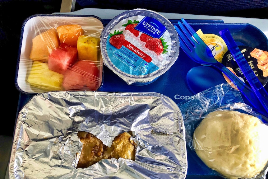 Tray of airplane food including yogurt tub, fruit and a foil-covered dish to depict travellers' tips for having a better flight.