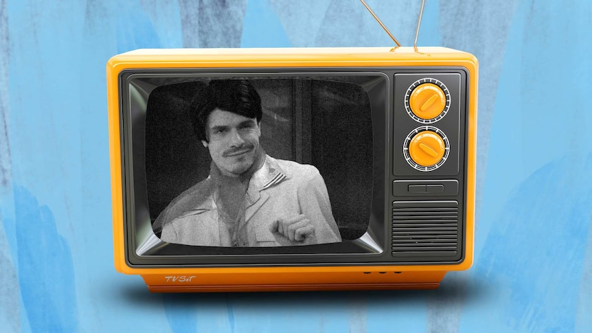 A brightly coloured retro TV showing a black and white Jack dressed up as a retro TV presenter.