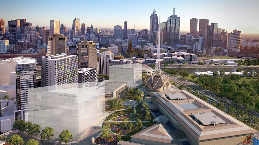 A bird's eye view from Southbank Boulevard facing north showing site of the new NGV building (artist impression).