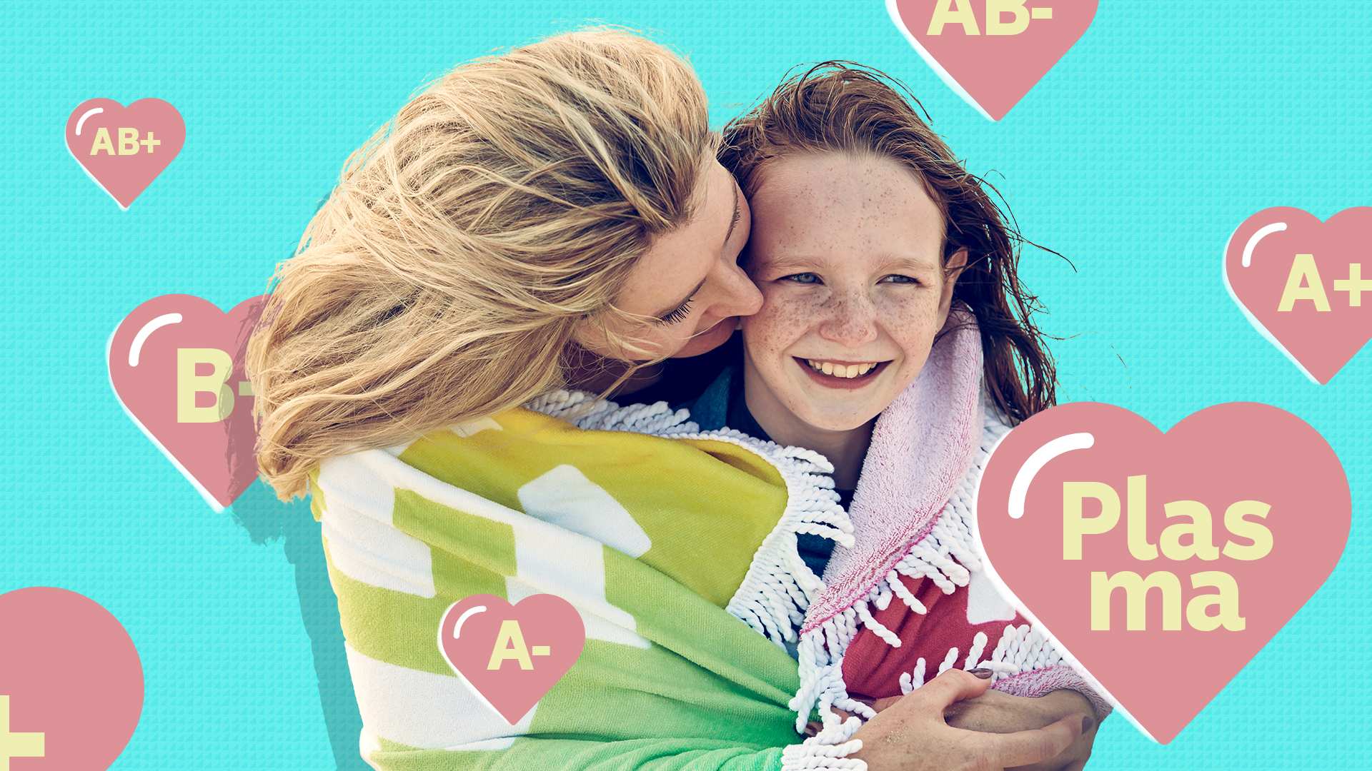 A mu wraps her daughter in a towel at the beach. Heart symbols with blood type groupings float around.