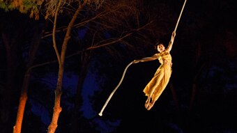 Outdoors at night, woman doing aerials using rope suspended from tree branch, screen with fire behind her.