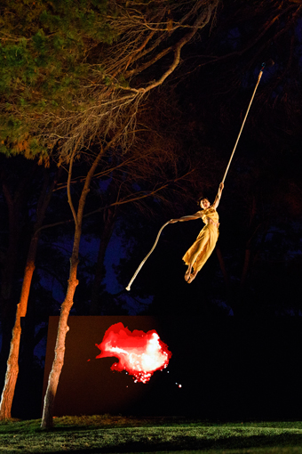 Outdoors at night, woman doing aerials using rope suspended from tree branch, screen with fire behind her.