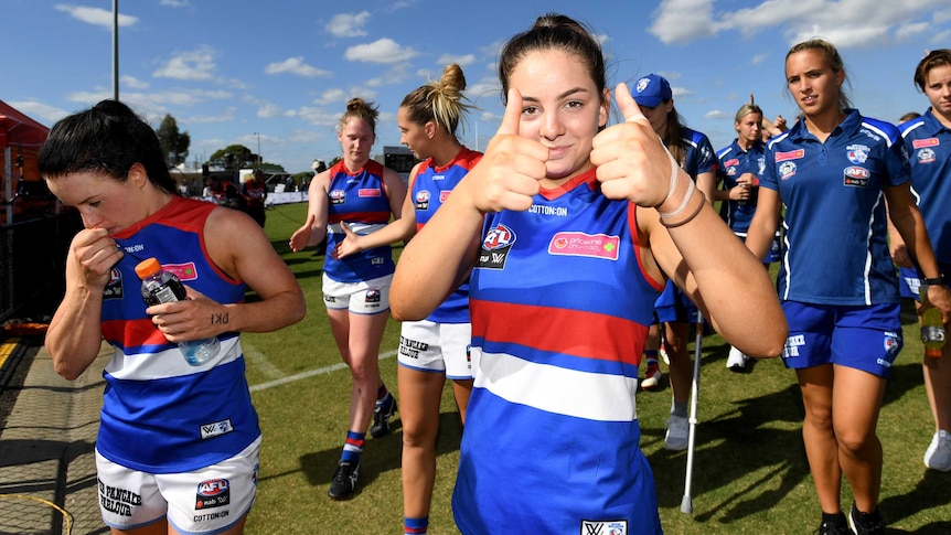 Monique Conti of the Bulldogs celebrates after the team's win over Collingwood in Moe.