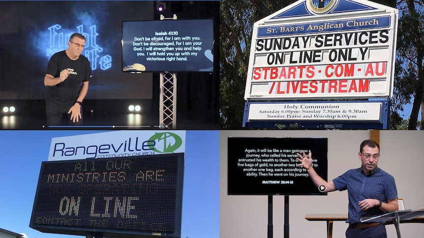compilation image of church signs and streaming videos