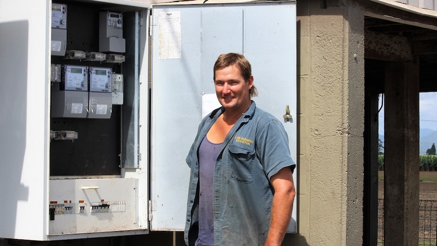 Banana grower stands in front of an electricity meter box on his farm