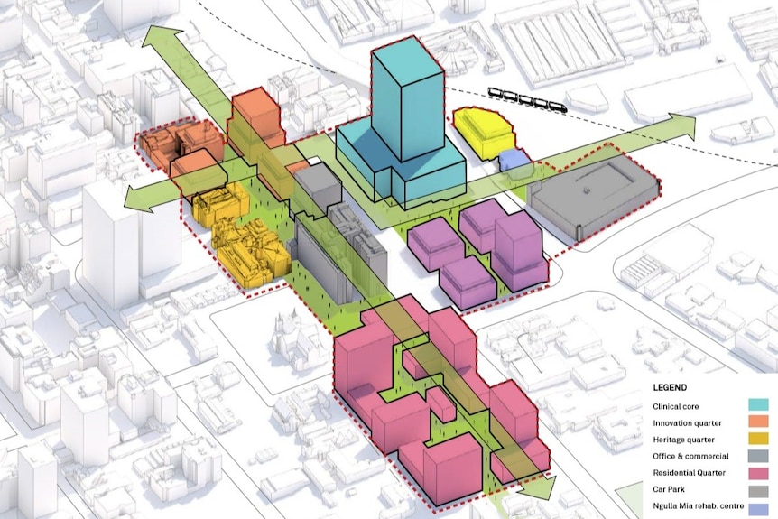 A map of a proposed design for Royal Perth Hospital, with a new 450-bed hospital constructed on Wellington Street.