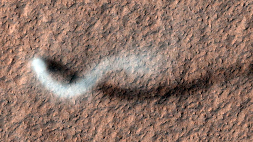 A whirlwind rises from the surface of Mars.