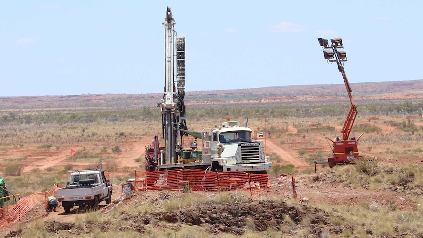 Drill Rig and ute at Kintyre uranium project.WA Pilbara