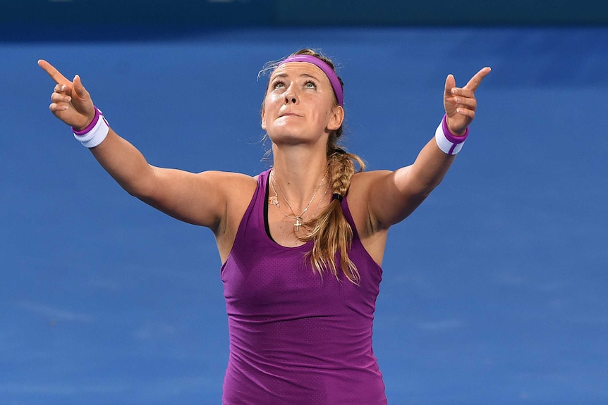 Victoria Azarenka celebrates winning the Brisbane International