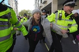 Greta Thunberg in a beanie and wearing a button reading "Oily Money Out" is taken away by police in hi vis uniforms