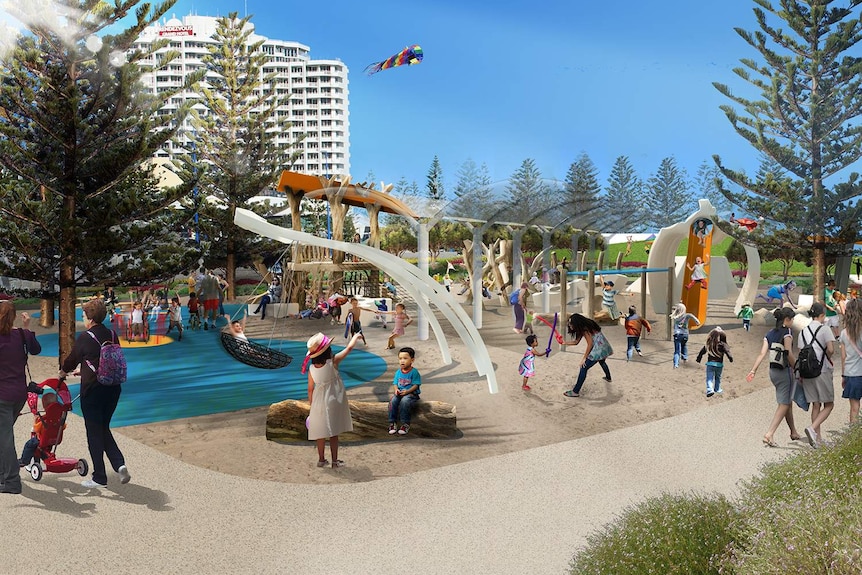 An artist's impression of a new playground with kids playing.