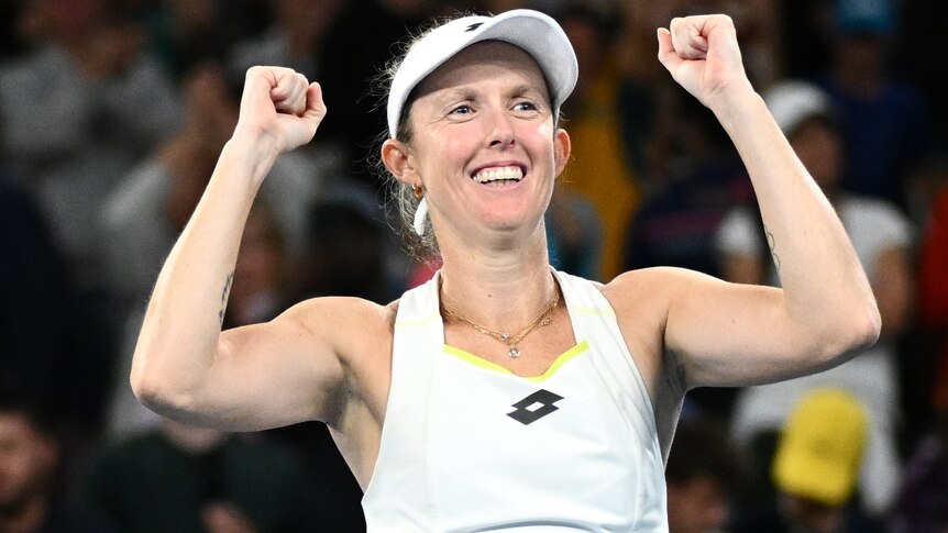 Storm Hunter pumps her fists after winning her second-round match at the 2024 Australian Open.